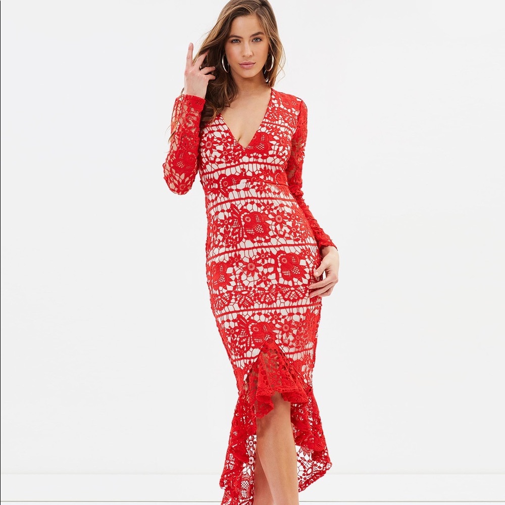Missguided Red Lace Fishtail Midi Dress